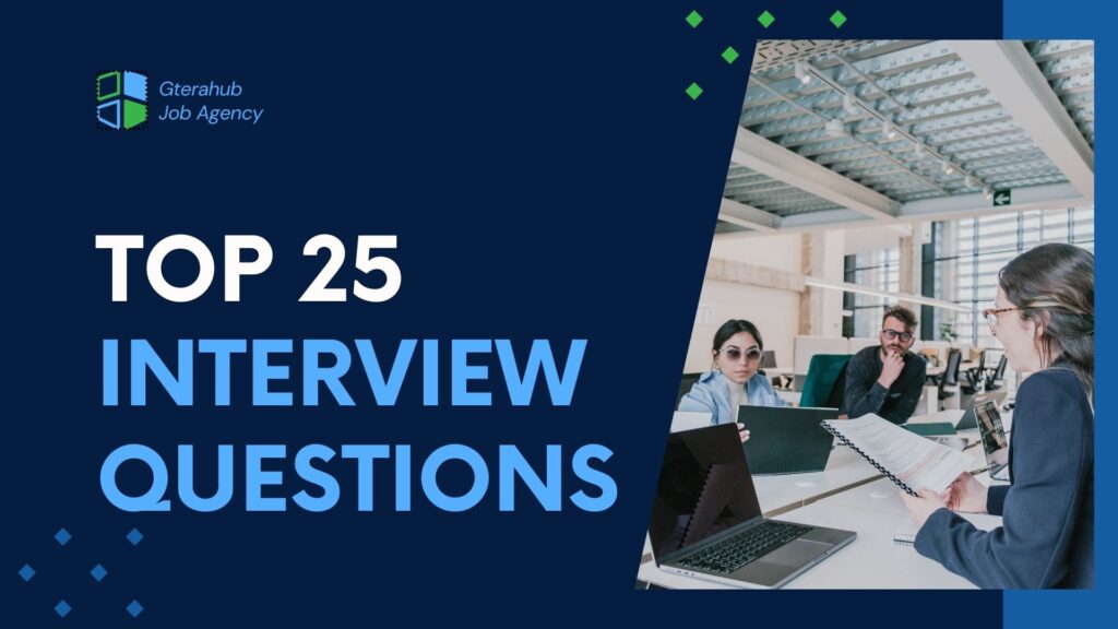 Expert Advice and Top 25 Interview Questions Graphic showing 25 common interview questions with an interviewer and interviewee